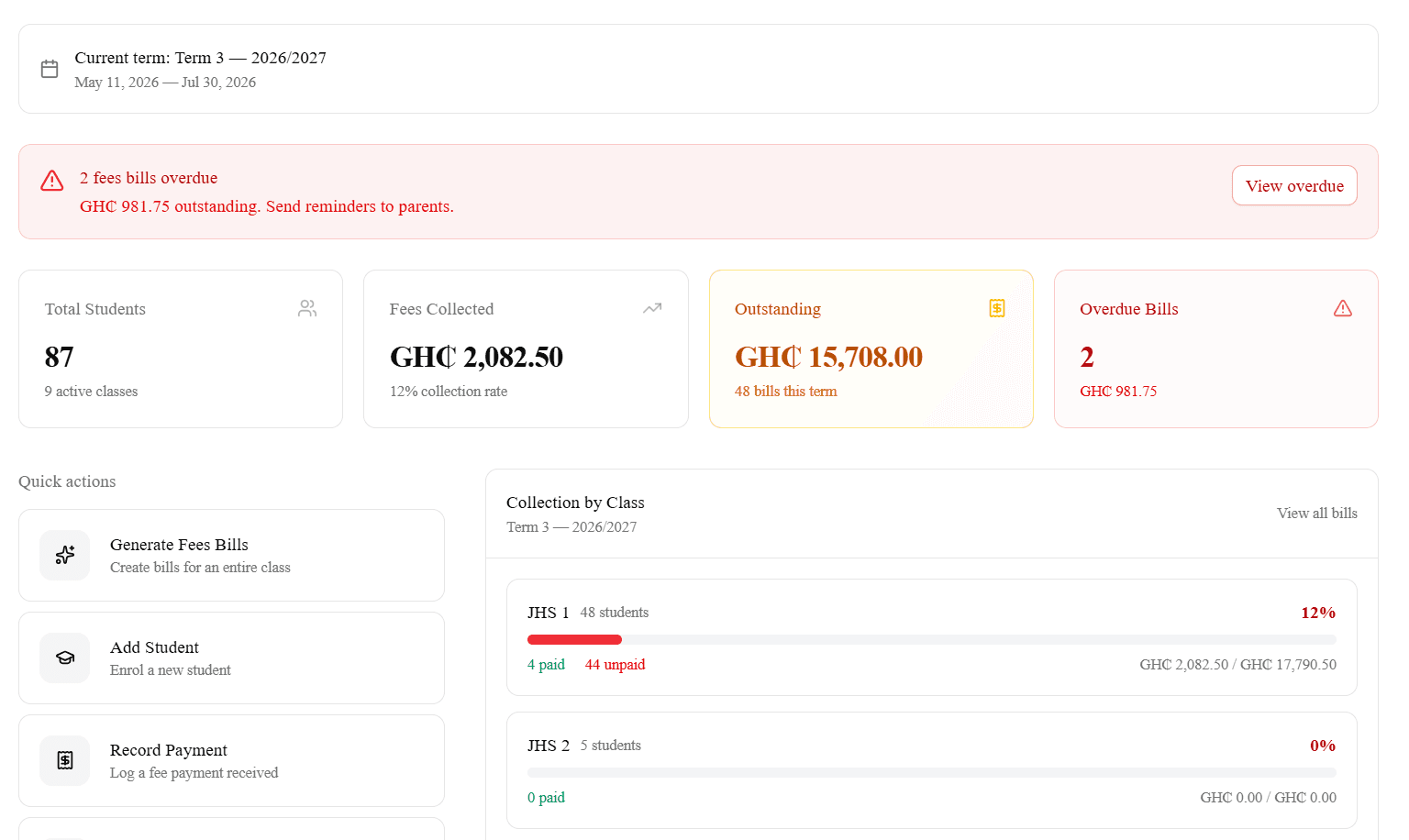Payo dashboard — fees collection, students, real-time tracking